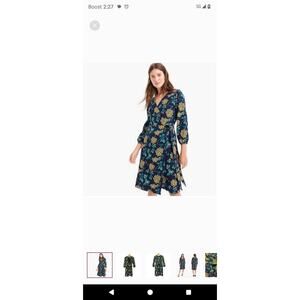 J Crew Golden Floral Wrap Dress In 365 Crepe Women S 12 Long Sleeve Navy Blue